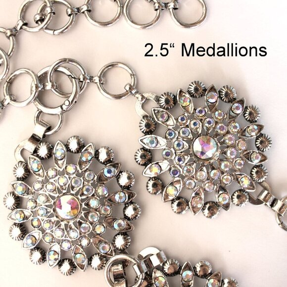 Rhinestone Concho Floral Flower Metal Link Belt Aurora Borealis AB Accents - Picture 3 of 4